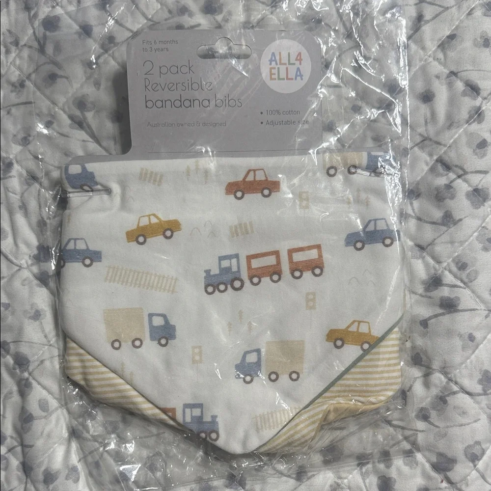 Vehicle Print Bandana Bibs - Cream and Blue